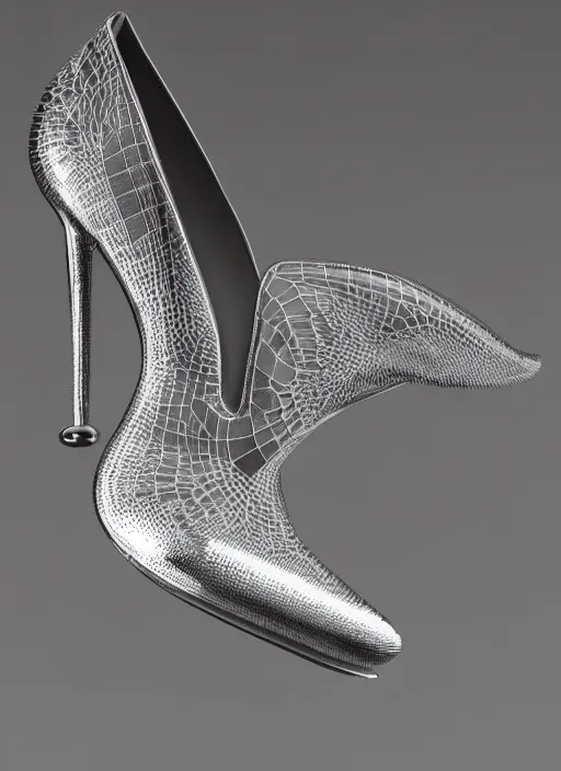 Image similar to beautiful ultra detailed 3d render of a high heel made out of chrome metal material in style of a dragon burst, artstation