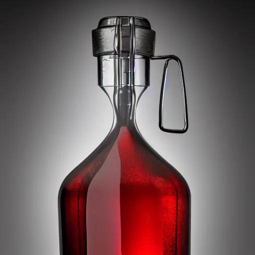 Prompt: an award - winning photo of a translucent glass vodka bottle in the shape and style of a propane cylinder with a red fire gradient in the background inside an industrial warehouse, dramatic studio lighting, 2 4 mm, close up wide angle lens, ƒ / 8, behance, intricate details, 8 k
