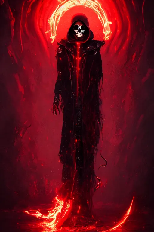 Prompt: A full body portrait of a mysterious character with a flaming skull with a very long hooded blood red and black cloak, tentacles coming out the ground art by Maciej Kuciara, and Cedric Peyravernay, ominous, cosmic horror, trending on artstation, Ultra detailed, hyper realistic 4k