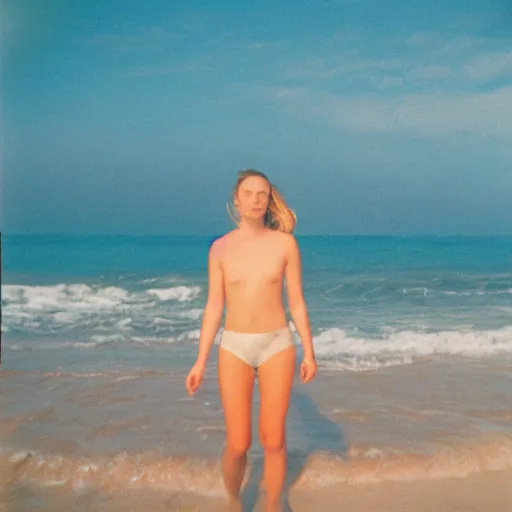 Image similar to a film photo of woman at a beach, Kodak gold 200 film