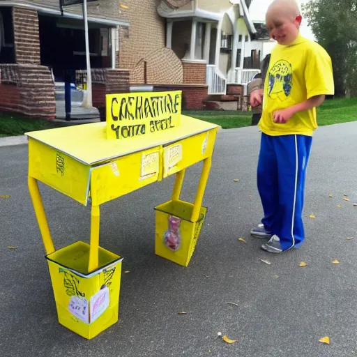 Image similar to a man pushing over a kid's lemonade stand