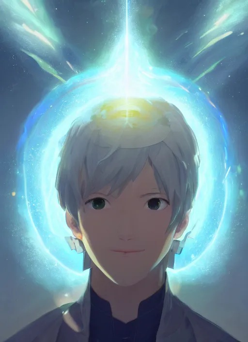 Prompt: a portrait of elemental light - kun with halo around his head, shiny, intricate, tone mapped, ambient lighting, highly detailed, digital painting, artstation, concept art, 4 k, god rays, stunning beautiful, glowing eyes, sharp focus, by makoto shinkai and akihiko yoshida and hidari and wlop