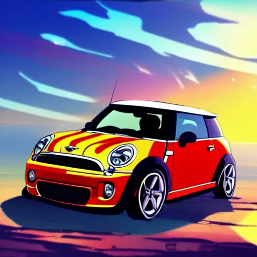 Image similar to anime art vehicle concept art, anime key visual of mini cooper s, at sunset at a beach, trending on pixiv fanbox, studio ghibli, extremely high quality artwork