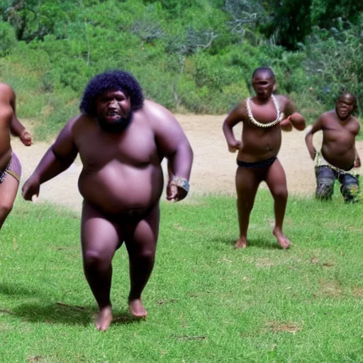 Prompt: mini - dv still of a fat, caucasian man in a swimsuit chasing african tribesmen