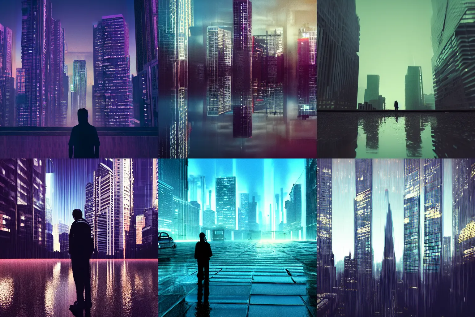 Prompt: A man about to enter a Megacity with buildings tall as sky scrapers, at night, with reflecting puddles of water, synthwave, high contrast, deep shadows, 4k, RTX on