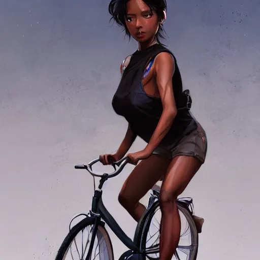 Image similar to short woman dark skin, black hair, pony tail with a old cicycle by Stanley Artgerm Lau, WLOP, Rossdraws, James Jean, Andrei Riabovitchev, Marc Simonetti, Yoshitaka Amano, ArtStation, CGSociety