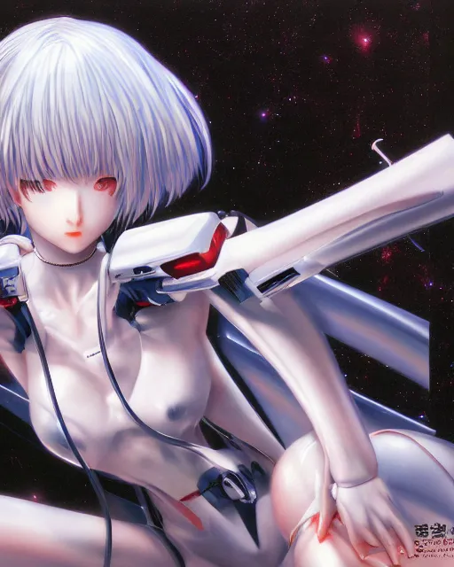 Image similar to rei ayanami by noriyoshi ohrai, hd, hyper detailed, dark, sky, half moon, dark atmosphere, 4 k