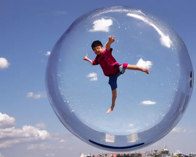 Image similar to boy floating gently down from the sky in a plastic wrapped bubble. aerial footage.