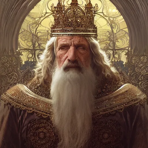 Image similar to ultra realistic illustration of a medieval old king, intricate, elegant, highly detailed, digital painting, artstation, concept art, smooth, sharp focus, illustration, art by artgerm and greg rutkowski and alphonse mucha