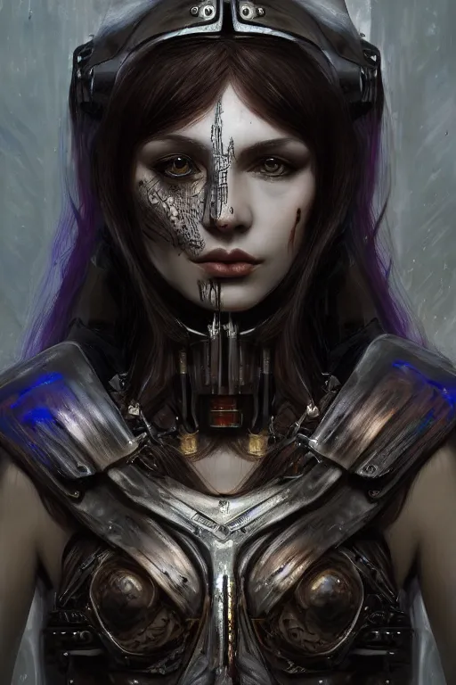 Image similar to portrait of beautiful young gothic maiden, cyberpunk armor, a lot of scars, warhammer, highly detailed, artstation, illustration, art by gustav klimt