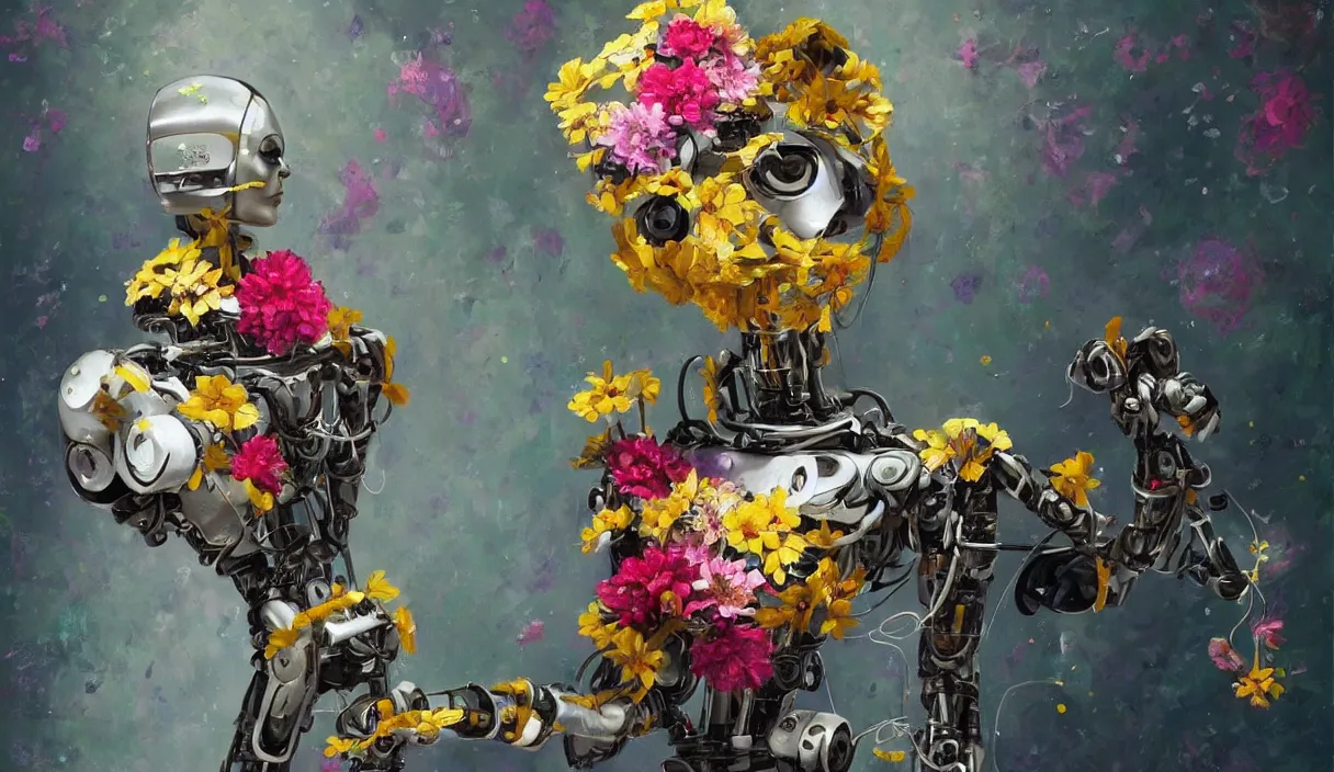 Image similar to A robot with flowers painting a beautiful artwork of himself, oil painting, digital art trending on artstation