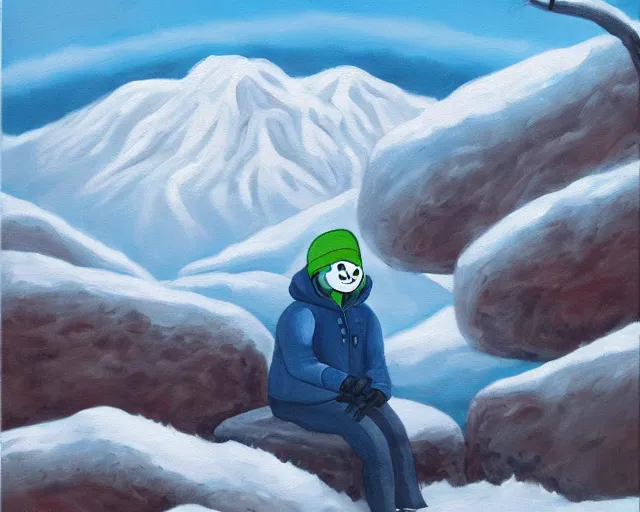 Image similar to oil painting of sans sitting in a mountain during winter