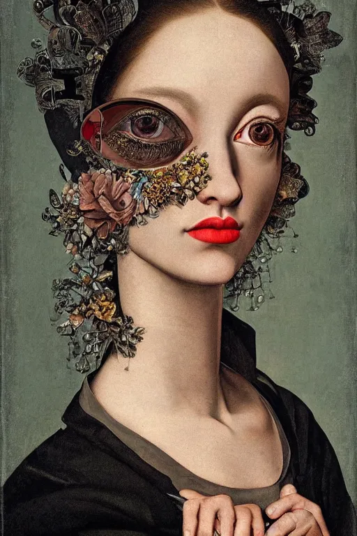 Image similar to Detailed maximalist portrait with large lips and with large, wide eyes, sad expression, HD mixed media, 3D collage, highly detailed and intricate, surreal, illustration in the style of Caravaggio, dark art, baroque