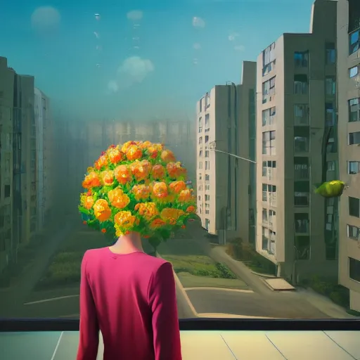 Image similar to closeup, huge flower as head, woman standing by tall modern windows, luxury apartment, surreal photography, sunlight, impressionist painting, digital painting, artstation, simon stalenhag