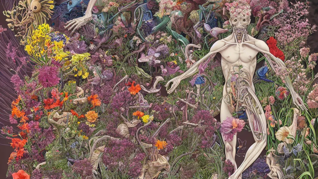 Image similar to highly detailed illustration of a human anatomy body exploded by all the known species of flowers by juan gatti, by makoto shinkai, by moebius!, by oliver vernon, by joseph moncada, by damon soule, by manabu ikeda, by kyle hotz, by dan mumford, by kilian eng