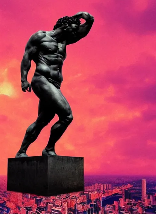 Image similar to black, statue of hercules, beeple, vaporwave, retrowave, glitch, pixelsorting, strong contrast, pinterest, trending on artstation