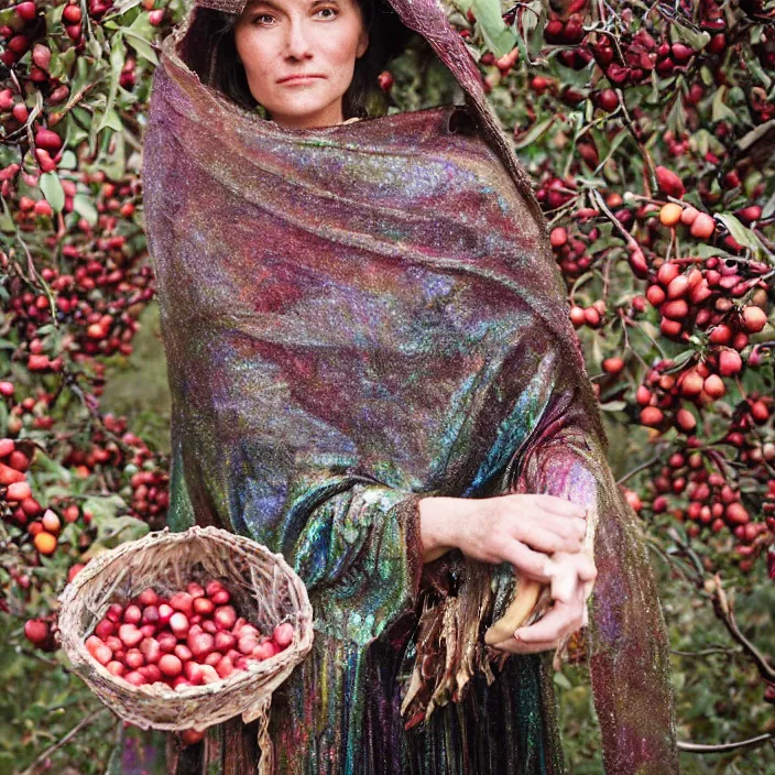 Prompt: a closeup portrait of a woman wearing a cloak made of iridescent twine and ribbon, picking pomegranates from a tree in an orchard, foggy, moody, photograph, by vincent desiderio, canon eos c 3 0 0, ƒ 1. 8, 3 5 mm, 8 k, medium - format print