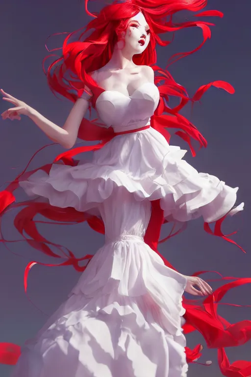 Image similar to the beautiful white frilled red dress girl standing in the hyper big and tall tower, looking at the camera, seductive pose, low angle, highly detailed, digital painting, artstation, concept art, smooth, sharp focus, illustration, Unreal Engine 5, 8K, art by Hiroaki Samura and Jiro Matsumoto