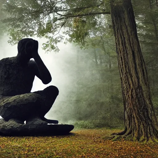 Prompt: the thinker sculpture disintegrating into a dust cloud, in a forest setting at dusk