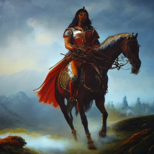 Prompt: oil painting of a warrior on a horse in front of a misty castle, fantasy, detailed, dawn