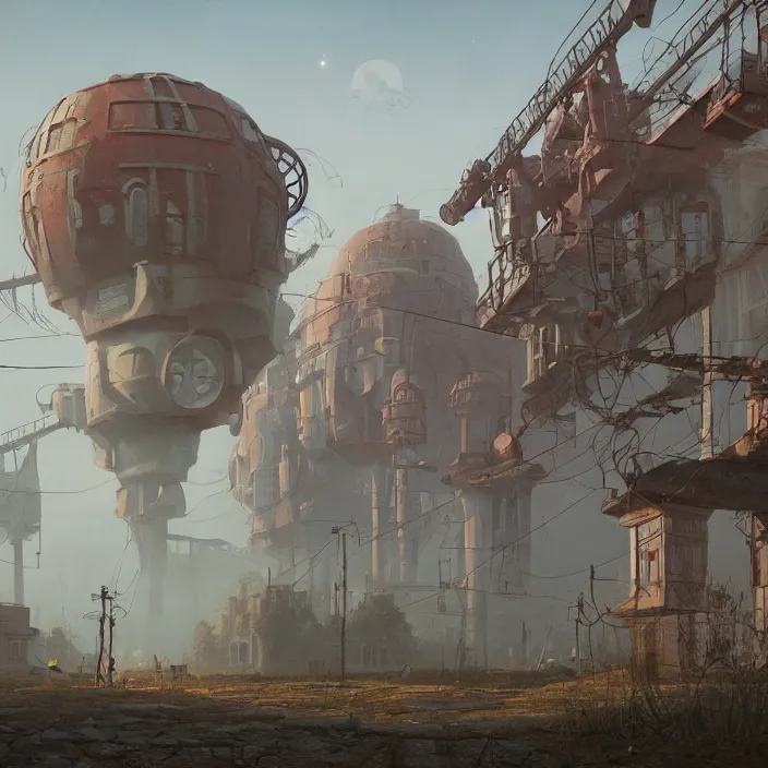 Prompt: a beautiful painting of old soviet village, robots, alien construction, by simon stalenhag and zdzisław beksinski and rene magritte and greg rutkowski, in style of digital art. hyper detailed, sharp focus, soft light. unreal engine 5. ray tracing. trending on artstation