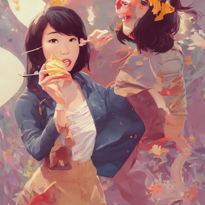 Image similar to asian girl eating a ritz cracker by artgerm, tooth wu, dan mumford, beeple, wlop, rossdraws, james jean, marc simonetti, artstation giuseppe dangelico pino and michael garmash and rob rey and greg manchess and huang guangjian and makoto shinkai