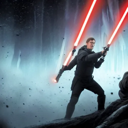 Prompt: starkiller from the force unleased having a lightsaber duel with luke skywalker ultrarealistic, foggy, dramatic,
