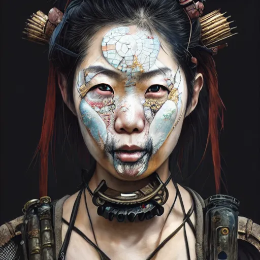 Image similar to portrait painting of a post - apocalyptic japanese lady with warpaint on her face wearing scrap samurai armor, ultra realistic, concept art, intricate details, eerie, highly detailed, photorealistic, octane render, 8 k, unreal engine. art by artgerm and greg rutkowski and charlie bowater and magali villeneuve and alphonse mucha