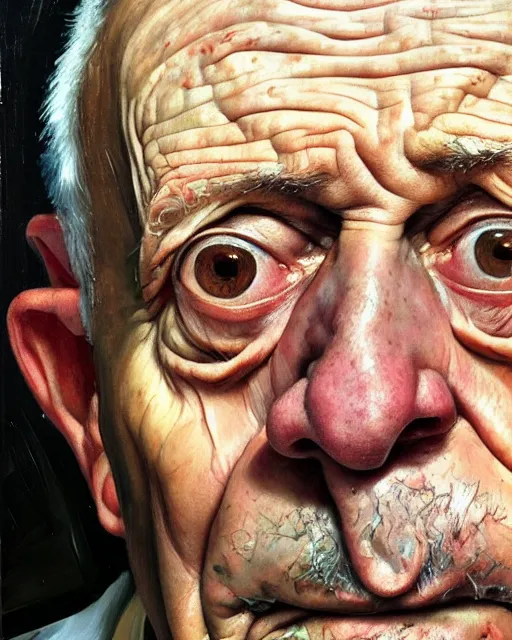 Image similar to an extreme close up portrait a very ordinary old man with an sad expression, side angle, head and shoulders shot, by Lucian Freud and Jenny Saville, oil painting, anatomically correct, beautiful perfect face, visible brushstrokes, sharp focus, Highly Detailed, Cinematic Lighting, 8k, HD