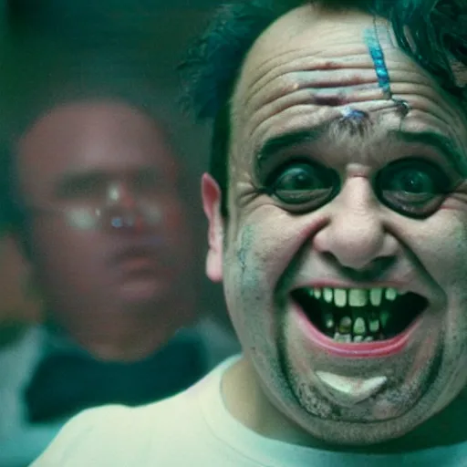 Image similar to zombie danny devito in fight club, anamorphic lens, cinestill colour