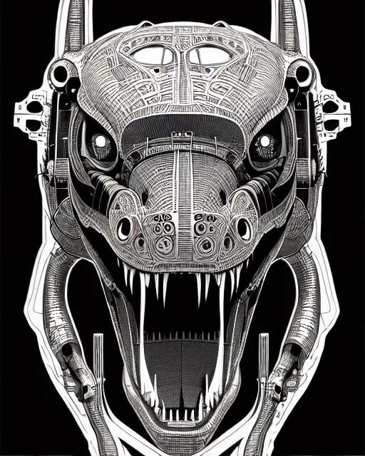 Image similar to a symmetrical illustration intricate mechanical robot trex dinosaur head, transformer, high details, symmetrical illustration, bold line art, by vincent di fate, kim jung gi, joe fenton, inking, scifi, screen print, character concept art, trending on art station, sharp, high contrast, ultrafine hyper detailed, hd, 4 k, 8 k