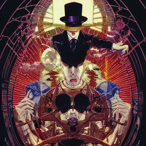 Image similar to portrait of crazy mister x, symmetrical, by yoichi hatakenaka, masamune shirow, josan gonzales and dan mumford, ayami kojima, takato yamamoto, barclay shaw, karol bak, yukito kishiro