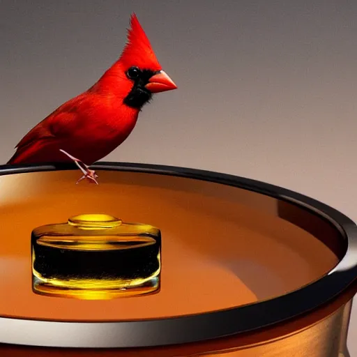 Image similar to a photorealistic photograph of a red Cardinal bird swimming inside of an Armagnac decanter at a polo lounge Trending on Artstation, featured on Behance, well-rendered, Unreal Engine, 4K HD