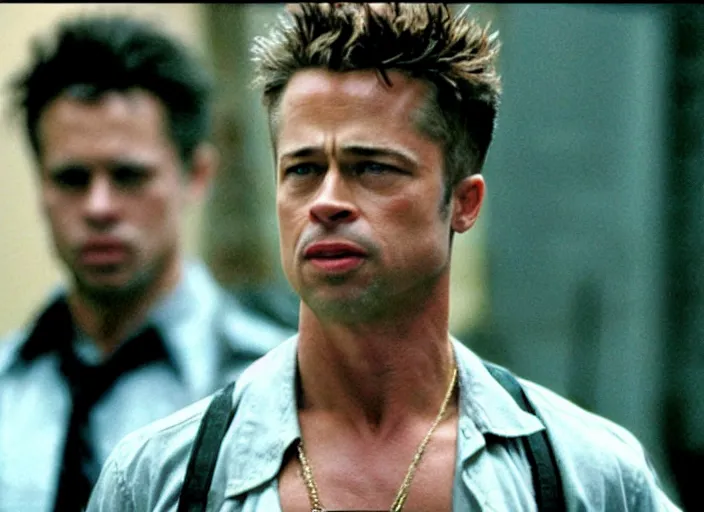 Prompt: film still of Brad Pitt as Robert Paulson!!!! in Fight Club