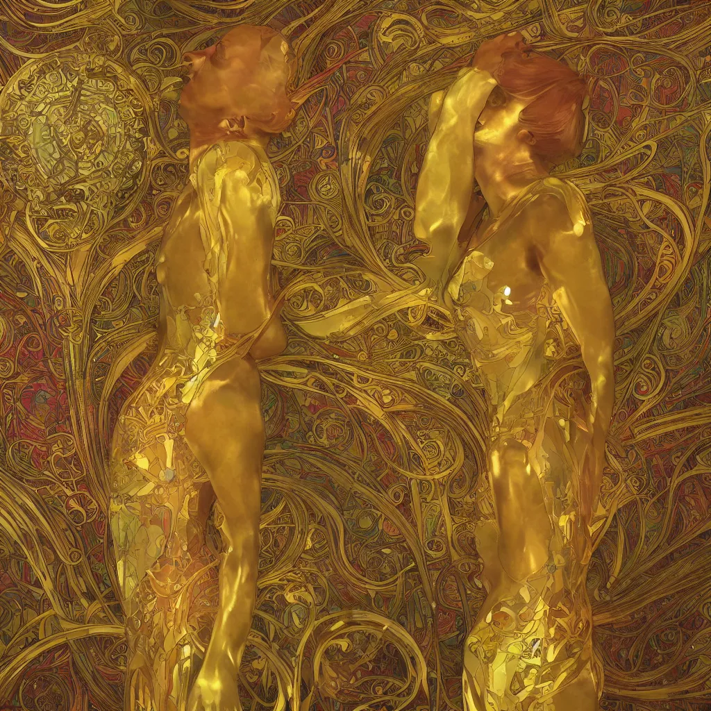 Image similar to human body made of thin golden and rainbow Art Nouveau, Alphonse Mucha, cinematic realistic photo, octane render