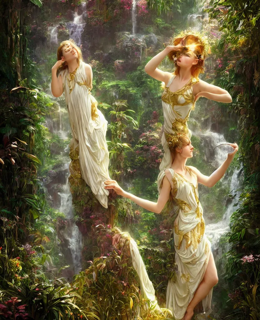 Image similar to hyper realistic photographer looking through a vintage medium format camera, magic pouring from lens, fantasy castle, full body waterfall dress, design on white background, beautiful details, lush foliage cyberpunk, gold, drawn by john singer sargent, tom bagshaw, norman rockwell, alphonso mucha, lolish, trending on artstation