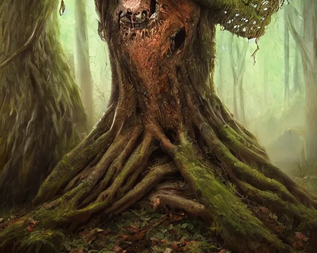 Image similar to a talking tree, a face in the bark, big eyes, fantasy concept art, oil painting, hyperrealistic, highly detailed, artstation, cgsociety, in the forest