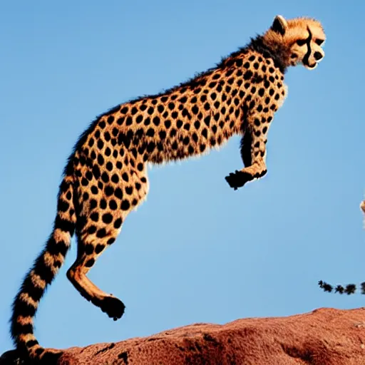 Prompt: a three - headed cheetah with red fur is crying on a cliff