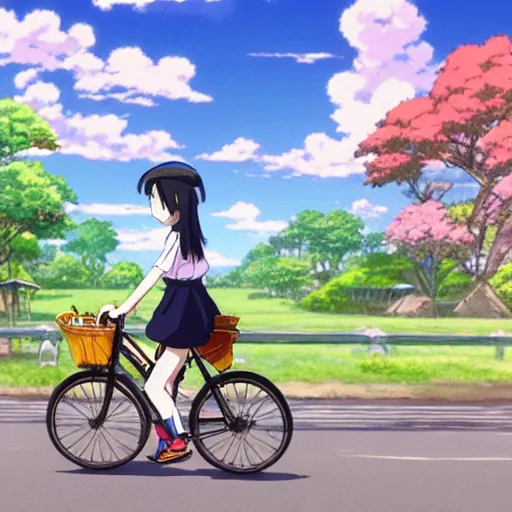 An anime style picture of the girl in the short skirt riding the bike,  1girl, bicycle, solo, ground vehicle, skirt, outdoors on Craiyon