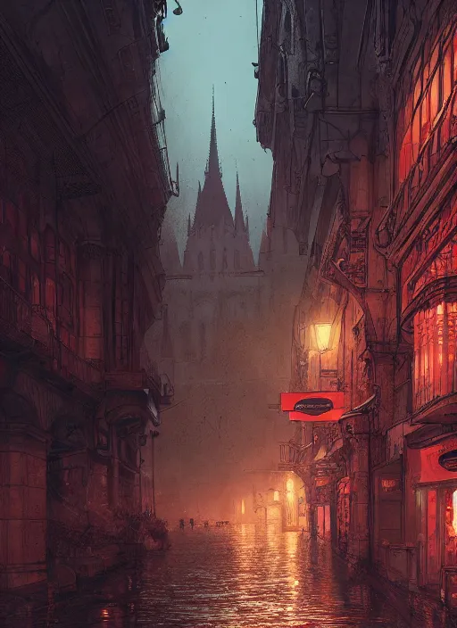 Prompt: Budapest , Dynamic lighting, cinematic, extremely high detail, photo realistic, cinematic lighting, pen and ink, red detailing, intricate line drawings, post processed, concept art, artstation, matte painting, style by Raphael Lacoste, Eddie Mendoza, Q Hayashida