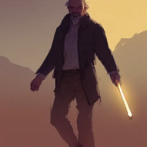 Image similar to a young man with gray hair,a stylish beard,walking through a desert with a glowing stick,digital art,art by greg rutkowski,trevor henderson,rossdraws,character design,concept art,western comic style,sharp lines,photorealiatic,hyperdetailed,detailed face,high quality,professional lighting,deviantart,artstation,professional art