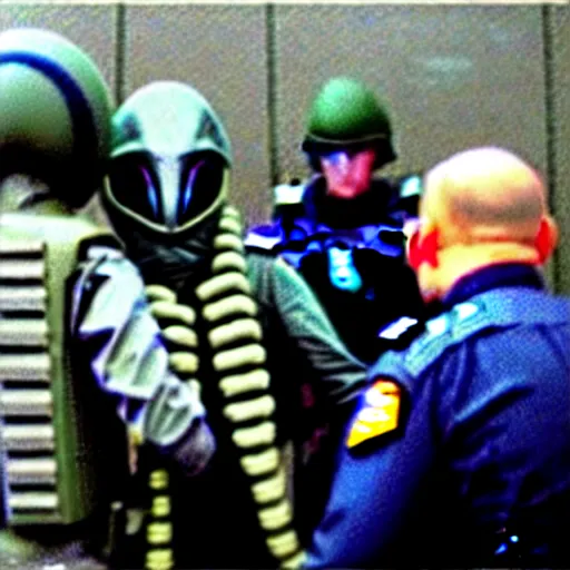 Image similar to extraterrestrial zeta reticulan grey alien, being arrested by spetsnaz