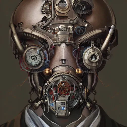Image similar to portrait painting of a steampunk cyborg president, transhumanism, ultra realistic, concept art, studio ghibli, intricate details, eerie highly detailed