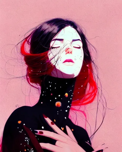 Image similar to close up, captivating, memorable, a ultradetailed beautiful photo of a unique woman wearing a hippy goth outfit standing too too too close, side view, bloom lighting staring at you by conrad roset, greg rutkowski and makoto shinkai trending on artstation