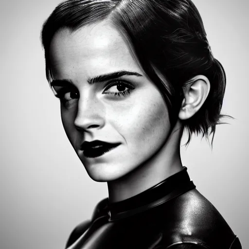 Prompt: Emma Watson as Catwoman, XF IQ4, 150MP, 50mm, f/1.4, ISO 200, 1/160s, natural light, Adobe Lightroom, photolab, Affinity Photo, PhotoDirector 365, filling the frame, rule of thirds, symmetrical balance, depth layering, golden ratio