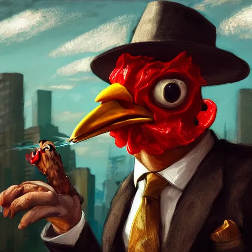 Image similar to a chicken wearing a suit smoking a cigar, dramatic lighting, cinematic, establishing shot, extremly high detail, photorealistic, cinematic lighting, artstation, style by James Gurney