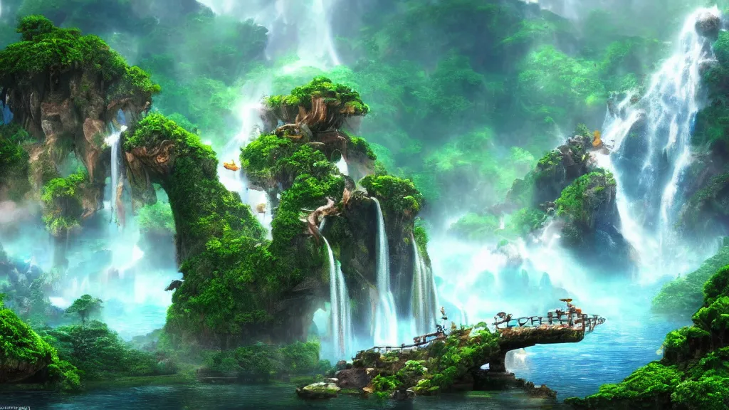 Image similar to fantasy micro world island with waterfall, suspended in the air, like in the Avatar movie, fantasy artwork, very beautiful scenery, hd, hdr, cinematic 4k wallpaper, 8k, ultra detailed, high resolution, artstation