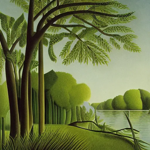 Image similar to a beautiful painting of Columbus Ohio Scioto river by henri Rousseau