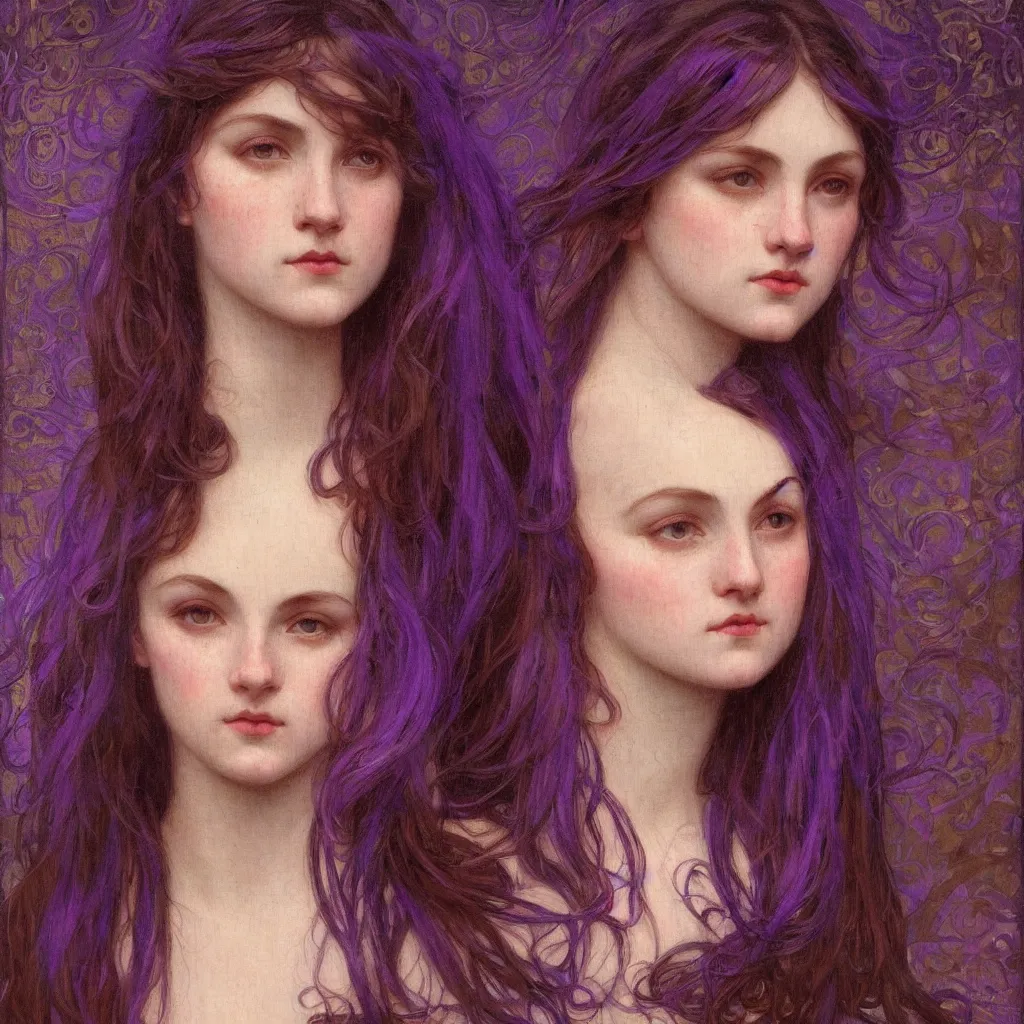 Image similar to purple, character portrait of purple, by waterhouse, by mucha, lean face, symmetrical face, face symmetry, cinematic lighting, beautiful, elegant, oil painting, cinematic, portrait, raphaelite, trending on artstation, intricate background