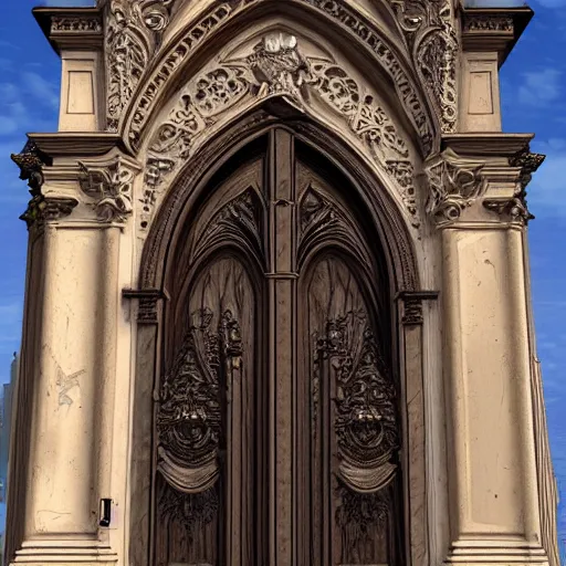 Prompt: Gothic facade with a carved wood door designed by bernini featured in artstation